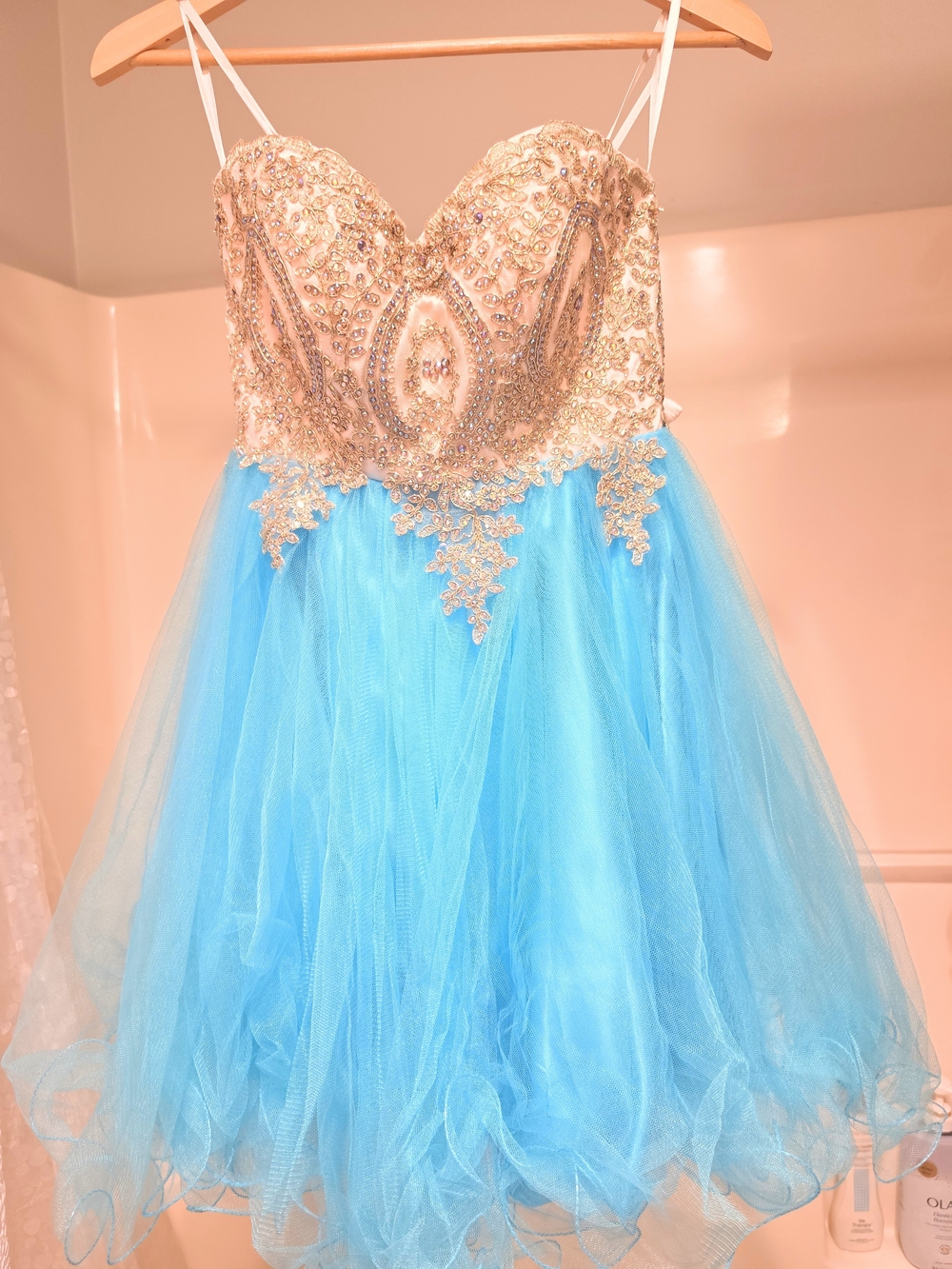 Sparkly Blue & Gold Corset Prom Dress | Rhinestone Pageant Gown XS